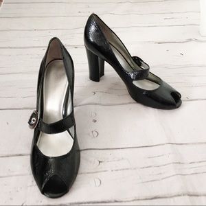 Enzo Angiolini Black Patent Leather Peep Toe Heels Size 9